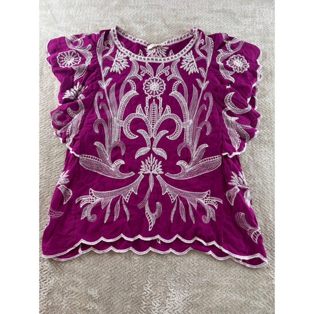 Solitaire Magenta Purple Embroidered Flutter Sleeve Scalloped‎ Hem Top XL - Picture 2 of 6